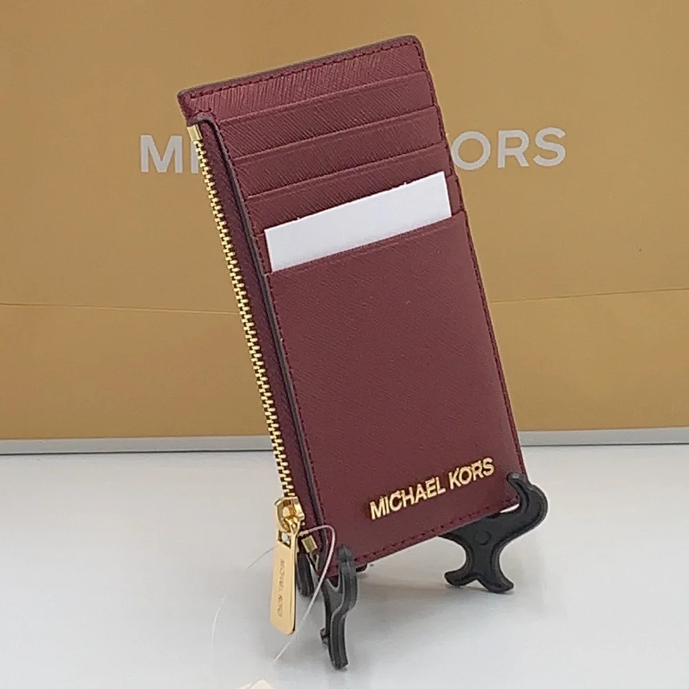 Michael Kors Jet Set Travel Medium Top Zip Card Case Wallet Dark Sherry color